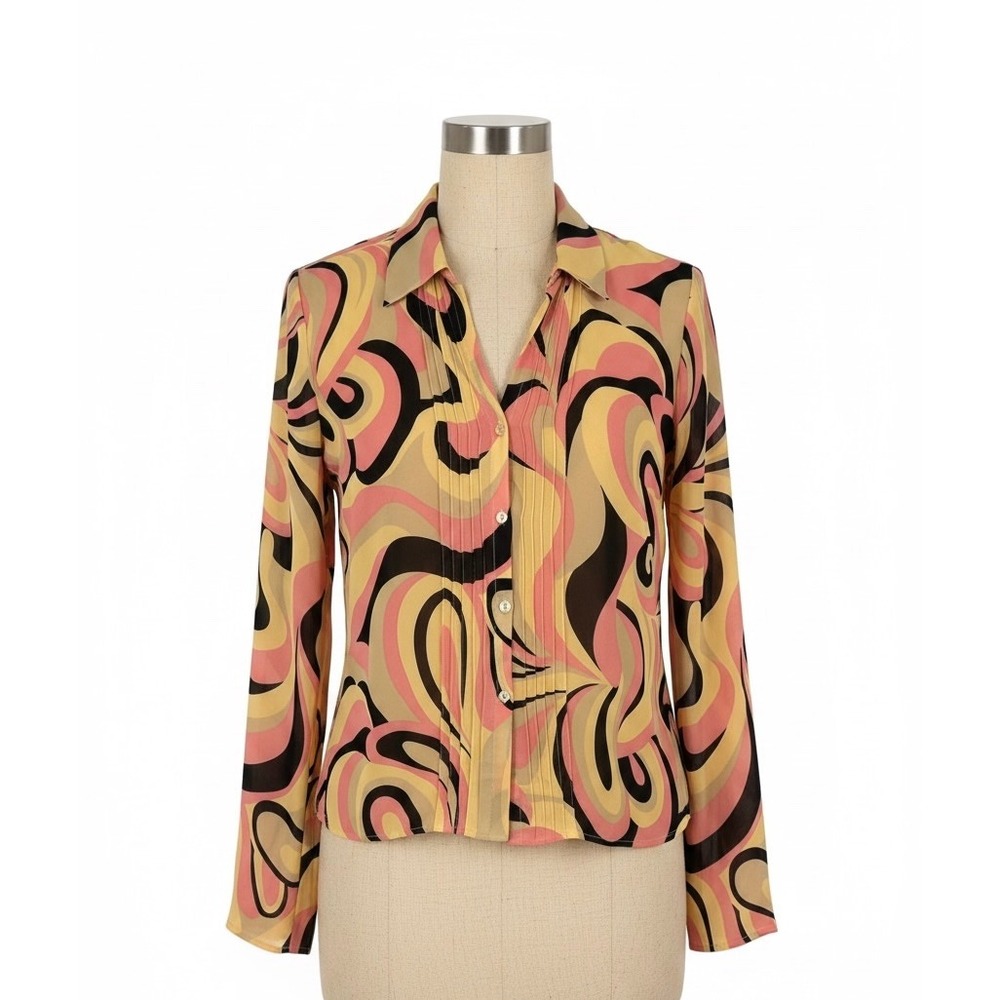 Grace Dane Lewis Silk Blouse Psychedelic Swirl Print Pink Yellow‎ Size 8